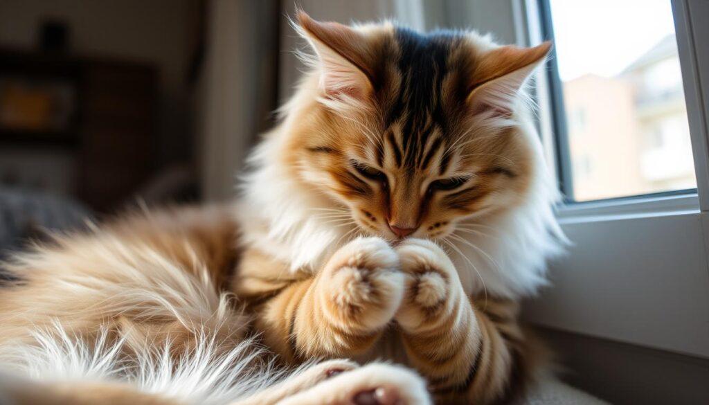 Cat biting paws while grooming