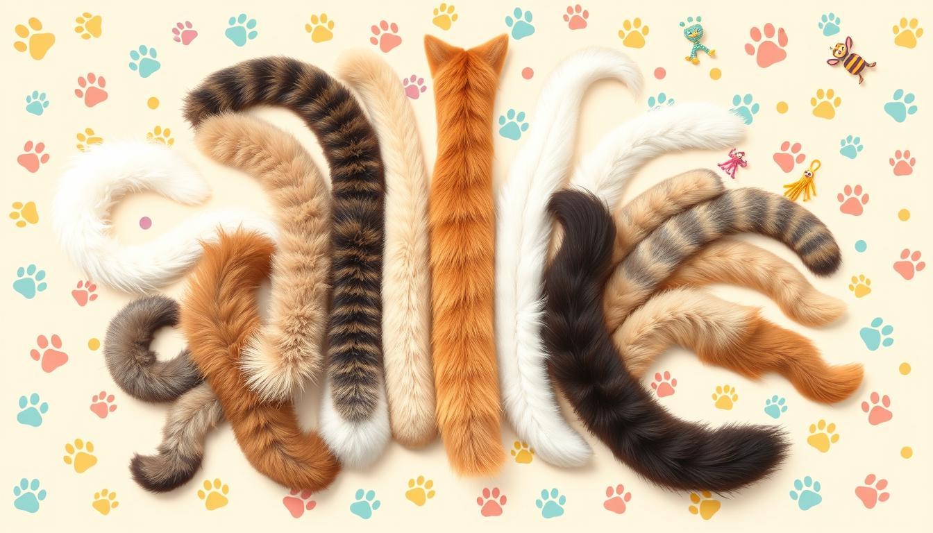 A whimsical illustration of various cat tails, showcasing different shapes and sizes