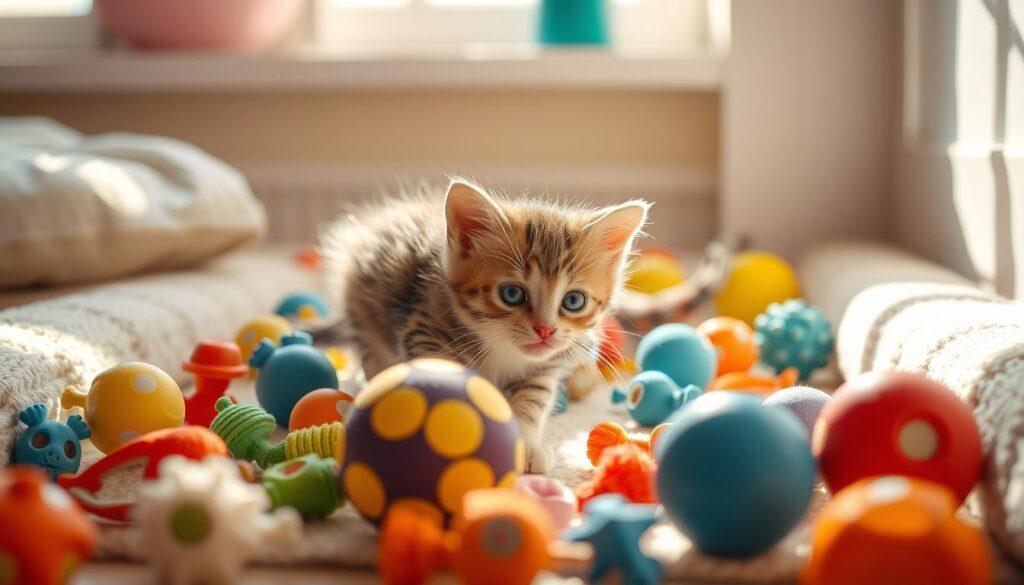 kitten playing with toys in a separate space