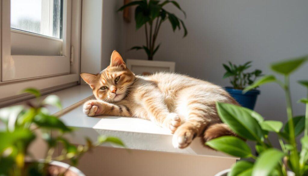 neutered male cat lounging comfortably on a sunny windowsill