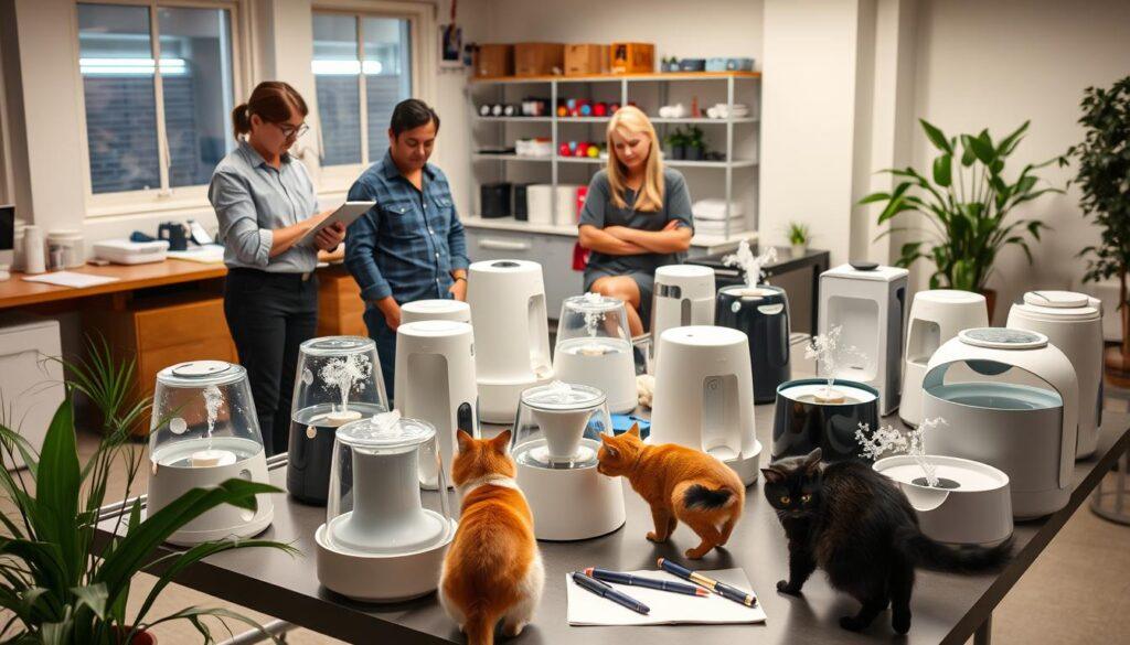 pet product experts testing cat water fountains