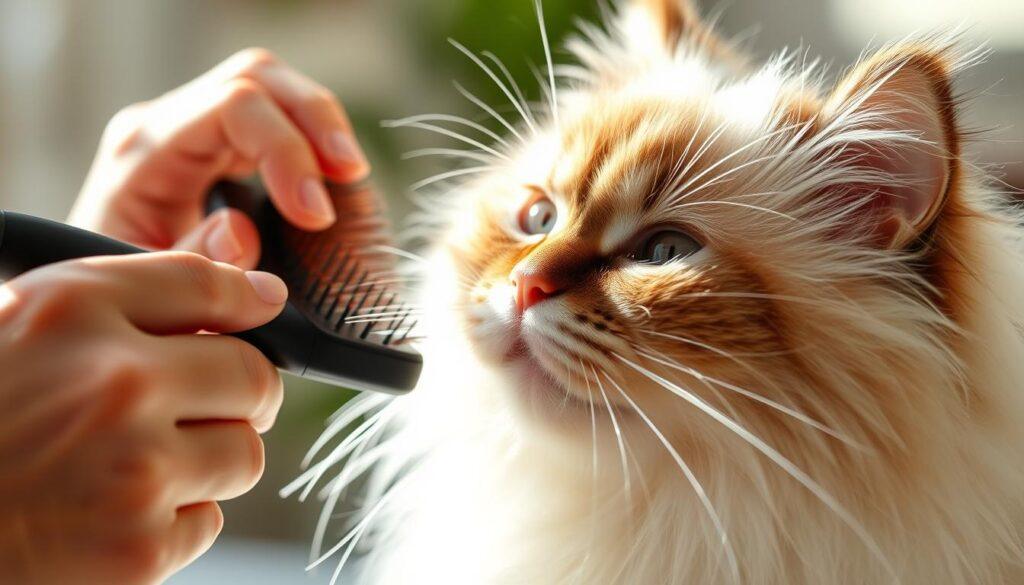 Uma cena em close-up, lindamente iluminada, do rosto de um gato ragdoll sendo gentilmente cuidado com uma escova de cerdas macias de alta qualidade. O pelo macio e fofo do gato é iluminado por luz natural, criando uma atmosfera calorosa e aconchegante. O movimento de escovação é delicado e concentrado, com as mãos do tosador visíveis no quadro, mostrando o carinho e a atenção dedicados à manutenção do gato. O plano de fundo é ligeiramente desfocado, mantendo a atenção do espectador no ato íntimo da escovação, enfatizando os benefícios do cuidado regular com a pelagem longa e sedosa de um ragdoll. Uma cena em close-up, lindamente iluminada, do rosto de um gato ragdoll sendo gentilmente cuidado com uma escova de cerdas macias de alta qualidade. O pelo macio e fofo do gato é iluminado por luz natural, criando uma atmosfera calorosa e aconchegante. O movimento de escovação é delicado e concentrado, com as mãos do tosador visíveis no quadro, mostrando o carinho e a atenção dedicados à manutenção do gato. O plano de fundo é ligeiramente desfocado, mantendo a atenção do espectador no ato íntimo da escovação, enfatizando os benefícios do cuidado regular com a pelagem longa e sedosa de um ragdoll.