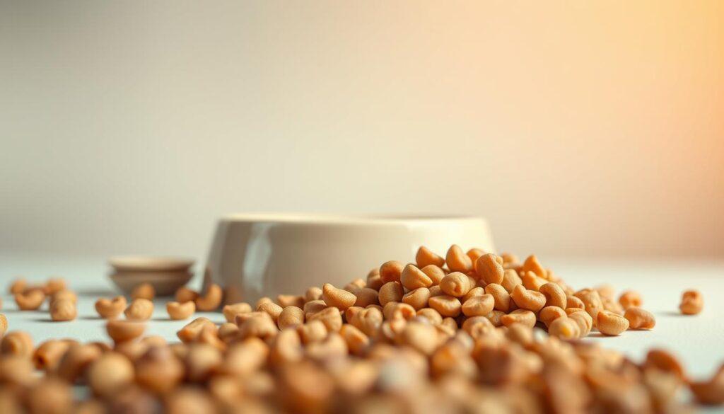 A close-up shot of a balanced cat nutrition dish, showcasing a variety of high-quality kibble pieces arranged in a neat, visually appealing layout. The foreground features the kibble pieces in warm, earthy tones, with a soft, shallow depth of field that gently blurs the background. The middle ground includes a simple, minimalist ceramic dish or bowl, in a neutral color that complements the food. The background is a softly lit, studio-like setting with a plain, uncluttered backdrop, bathed in warm, natural lighting that casts a gentle glow on the scene. The overall mood is one of calm, informative simplicity, highlighting the importance of a balanced, nutritious diet for cats. A close-up shot of a balanced cat nutrition dish, showcasing a variety of high-quality kibble pieces arranged in a neat, visually appealing layout. The foreground features the kibble pieces in warm, earthy tones, with a soft, shallow depth of field that gently blurs the background. The middle ground includes a simple, minimalist ceramic dish or bowl, in a neutral color that complements the food. The background is a softly lit, studio-like setting with a plain, uncluttered backdrop, bathed in warm, natural lighting that casts a gentle glow on the scene. The overall mood is one of calm, informative simplicity, highlighting the importance of a balanced, nutritious diet for cats.