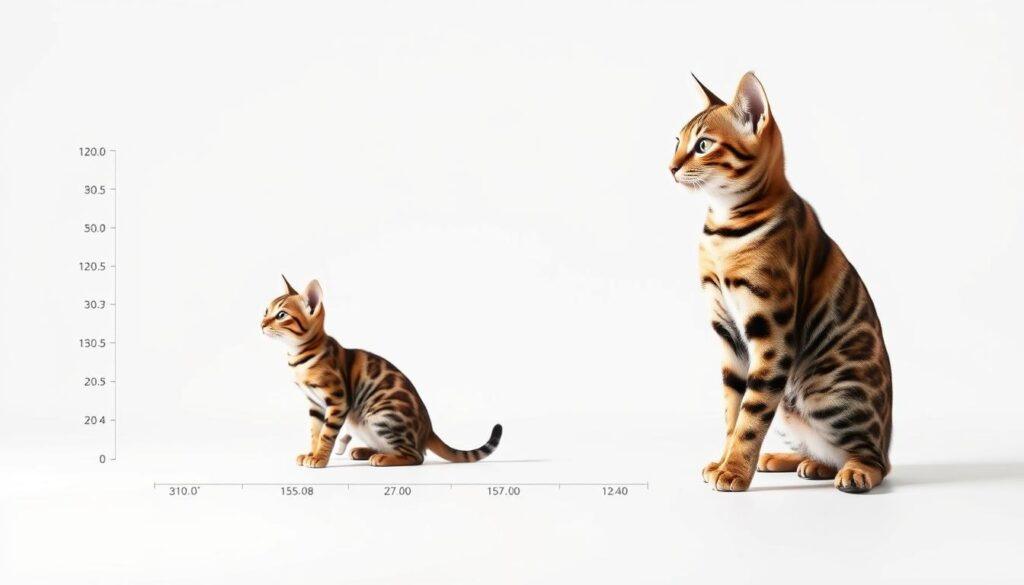 A detailed Bengal cat growth chart depicting the standard size metrics and growth patterns in a clean, minimalistic style. The chart features a meticulously rendered Bengal kitten and adult cat set against a plain white background, allowing the size data to take center stage. Crisp lighting illuminates the feline subjects from the side, casting soft shadows and highlighting the intricate fur textures and markings. The composition is balanced and professional, presenting the essential information in an easy-to-understand visual format suitable for an informative article. A detailed Bengal cat growth chart depicting the standard size metrics and growth patterns in a clean, minimalistic style. The chart features a meticulously rendered Bengal kitten and adult cat set against a plain white background, allowing the size data to take center stage. Crisp lighting illuminates the feline subjects from the side, casting soft shadows and highlighting the intricate fur textures and markings. The composition is balanced and professional, presenting the essential information in an easy-to-understand visual format suitable for an informative article.