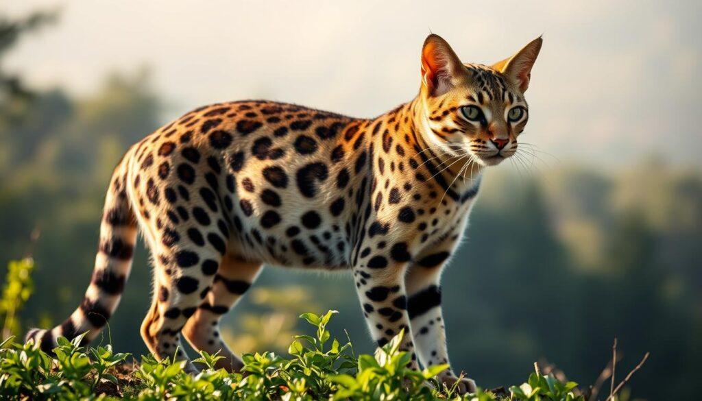 A detailed portrait of a leopard cat, the wild ancestor of the Bengal cat, against a naturalistic backdrop. The feline's muscular build, spotted coat, and alert expression suggest its predatory prowess. Soft lighting from the side accentuates the animal's contours, casting dramatic shadows that convey a sense of power and grace. The middle ground features lush, verdant foliage, hinting at the creature's natural habitat. In the background, a hazy, dreamlike forest scene evokes the leopard cat's origins and the ancestral lineage of the domestic Bengal breed. A detailed portrait of a leopard cat, the wild ancestor of the Bengal cat, against a naturalistic backdrop. The feline's muscular build, spotted coat, and alert expression suggest its predatory prowess. Soft lighting from the side accentuates the animal's contours, casting dramatic shadows that convey a sense of power and grace. The middle ground features lush, verdant foliage, hinting at the creature's natural habitat. In the background, a hazy, dreamlike forest scene evokes the leopard cat's origins and the ancestral lineage of the domestic Bengal breed.