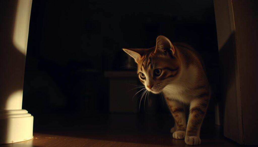 A dimly lit indoor setting, showcasing a curious indoor cat cautiously approaching a shadowy corner. The cat's ears are perked up, its eyes alert, as it investigates a potential source of danger. The background is cluttered with household items, hinting at the domestic environment. Soft, warm lighting casts gentle shadows, creating an atmosphere of unease and subtle tension. The composition emphasizes the cat's vulnerability, with a sense of impending threat lurking in the periphery, hinting at the potential for rabies exposure even in the safety of a home. A dimly lit indoor setting, showcasing a curious indoor cat cautiously approaching a shadowy corner. The cat's ears are perked up, its eyes alert, as it investigates a potential source of danger. The background is cluttered with household items, hinting at the domestic environment. Soft, warm lighting casts gentle shadows, creating an atmosphere of unease and subtle tension. The composition emphasizes the cat's vulnerability, with a sense of impending threat lurking in the periphery, hinting at the potential for rabies exposure even in the safety of a home.