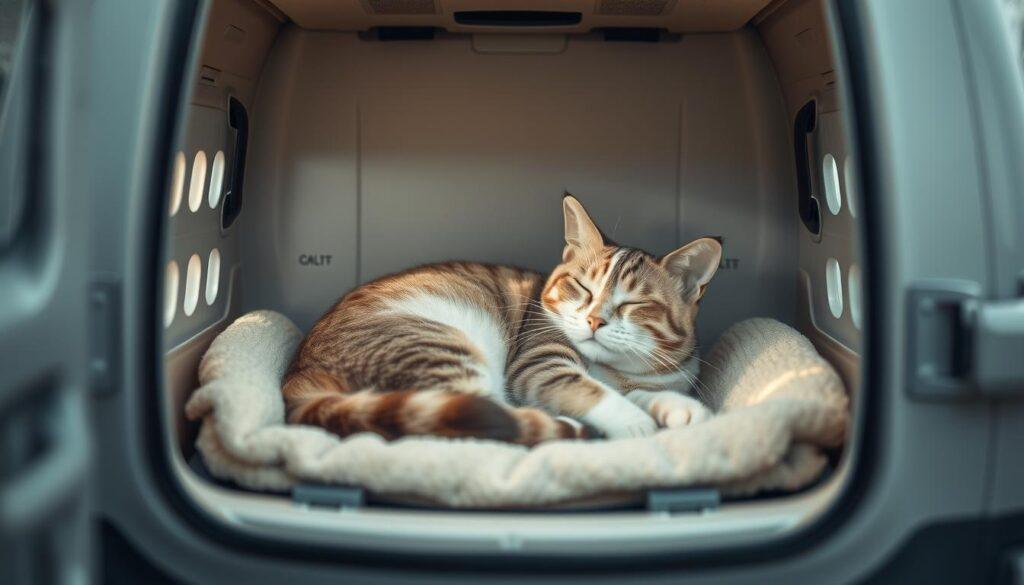 A serene cat relaxing peacefully in a well-ventilated carrier with a built-in litter box. The feline appears calm and content, curled up on a soft bedding, surrounded by a soothing pastel-toned interior. Soft, diffused lighting creates a tranquil atmosphere, as if the cat is resting in the comfort of its own home. The carrier's design features discreet handles and a sturdy, yet lightweight construction, making it easy to transport the cat with minimal disruption. This image conveys the idea of a stress-free, convenient, and hassle-free travel experience for both the cat and its owner. A serene cat relaxing peacefully in a well-ventilated carrier with a built-in litter box. The feline appears calm and content, curled up on a soft bedding, surrounded by a soothing pastel-toned interior. Soft, diffused lighting creates a tranquil atmosphere, as if the cat is resting in the comfort of its own home. The carrier's design features discreet handles and a sturdy, yet lightweight construction, making it easy to transport the cat with minimal disruption. This image conveys the idea of a stress-free, convenient, and hassle-free travel experience for both the cat and its owner.