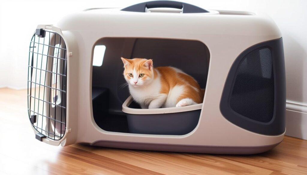 A sleek, modern cat carrier with a built-in litter box sits on a wooden floor, bathed in soft, diffused lighting. The carrier's design is both practical and visually appealing, with clean lines, a neutral color palette, and subtle textures that blend seamlessly with the surrounding environment. The litter box is neatly integrated into the carrier's base, offering a convenient and hygienic solution for travel. The scene conveys a sense of travel-ready comfort and efficiency, perfectly suited for the "Best Cat Carrier with Litter Box for Travel" article and the "Introduction: Exploring Cat Carriers with Integrated Litter Boxes" section. A sleek, modern cat carrier with a built-in litter box sits on a wooden floor, bathed in soft, diffused lighting. The carrier's design is both practical and visually appealing, with clean lines, a neutral color palette, and subtle textures that blend seamlessly with the surrounding environment. The litter box is neatly integrated into the carrier's base, offering a convenient and hygienic solution for travel. The scene conveys a sense of travel-ready comfort and efficiency, perfectly suited for the "Best Cat Carrier with Litter Box for Travel" article and the "Introduction: Exploring Cat Carriers with Integrated Litter Boxes" section.