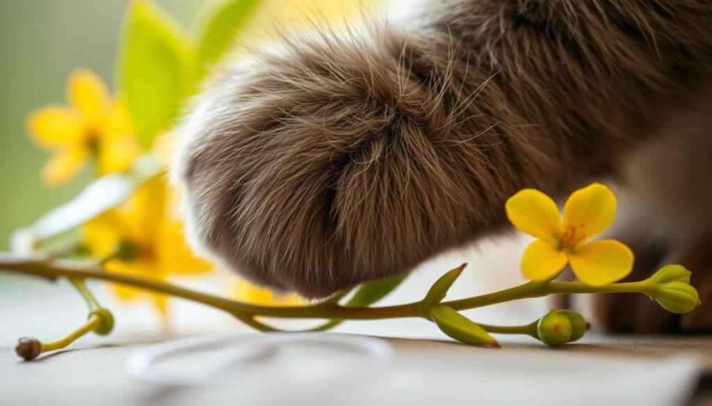 A close-up shot of a furry cat's paw resting on a sprig of witch hazel plant, its leaves and yellow flowers in soft focus in the background. The paw's pads are highlighted, showing their delicate texture. The lighting is warm and diffused, creating a serene, natural atmosphere. The depth of field is shallow, emphasizing the tactile quality of the cat's paw and the botanical elements. The composition is balanced, drawing the viewer's attention to the intersection of the cat and the medicinal plant, hinting at the potential risks and benefits of their interaction. A close-up shot of a furry cat's paw resting on a sprig of witch hazel plant, its leaves and yellow flowers in soft focus in the background. The paw's pads are highlighted, showing their delicate texture. The lighting is warm and diffused, creating a serene, natural atmosphere. The depth of field is shallow, emphasizing the tactile quality of the cat's paw and the botanical elements. The composition is balanced, drawing the viewer's attention to the intersection of the cat and the medicinal plant, hinting at the potential risks and benefits of their interaction.