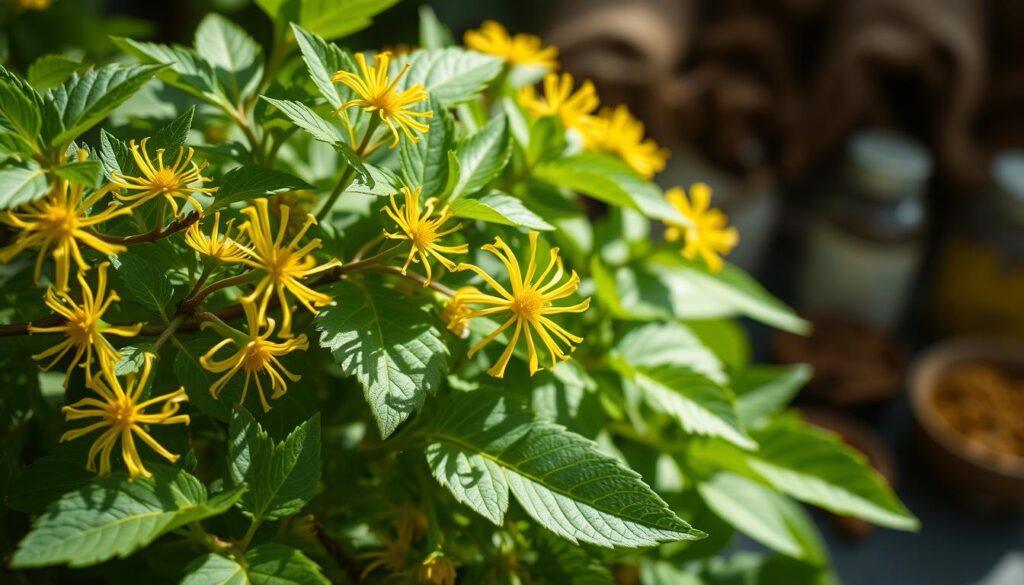 A close-up shot of a lush, verdant witch hazel plant in full bloom, its bright yellow, spider-like flowers contrasting beautifully against the deep green foliage. The plant is bathed in soft, diffuse natural light, casting delicate shadows that accentuate the intricate textures of the leaves and bark. In the background, hints of traditional medicinal ingredients and remedies suggest the plant's long history of use in natural healthcare. The overall mood is one of serene, botanical elegance, inviting the viewer to appreciate the plant's unique aesthetic and appreciate its longstanding role in human wellness. A close-up shot of a lush, verdant witch hazel plant in full bloom, its bright yellow, spider-like flowers contrasting beautifully against the deep green foliage. The plant is bathed in soft, diffuse natural light, casting delicate shadows that accentuate the intricate textures of the leaves and bark. In the background, hints of traditional medicinal ingredients and remedies suggest the plant's long history of use in natural healthcare. The overall mood is one of serene, botanical elegance, inviting the viewer to appreciate the plant's unique aesthetic and appreciate its longstanding role in human wellness.