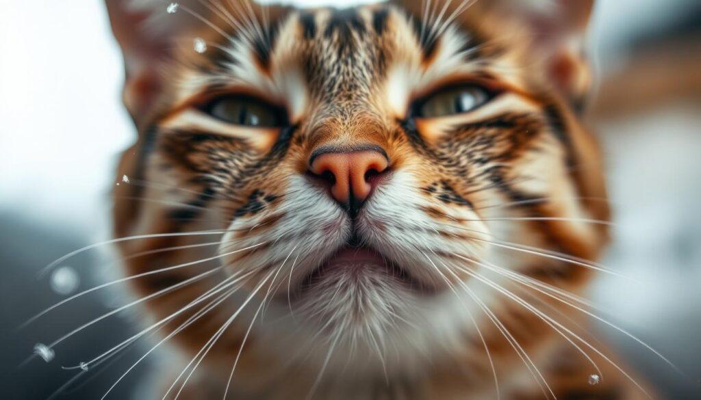 A finely detailed close-up of a cat's face, showing the telltale signs of allergic reactions - watery eyes, itchy skin, and a runny nose. Dust motes swirl in the air around the cat, capturing the environmental irritants that trigger these allergy symptoms. The lighting is soft and diffuse, creating a warm, intimate mood that draws the viewer's attention to the cat's discomfort. The depth of field is shallow, keeping the cat's face in sharp focus while the background is gently blurred, conveying a sense of the cat's struggle with its allergies within the domestic setting. A finely detailed close-up of a cat's face, showing the telltale signs of allergic reactions - watery eyes, itchy skin, and a runny nose. Dust motes swirl in the air around the cat, capturing the environmental irritants that trigger these allergy symptoms. The lighting is soft and diffuse, creating a warm, intimate mood that draws the viewer's attention to the cat's discomfort. The depth of field is shallow, keeping the cat's face in sharp focus while the background is gently blurred, conveying a sense of the cat's struggle with its allergies within the domestic setting.