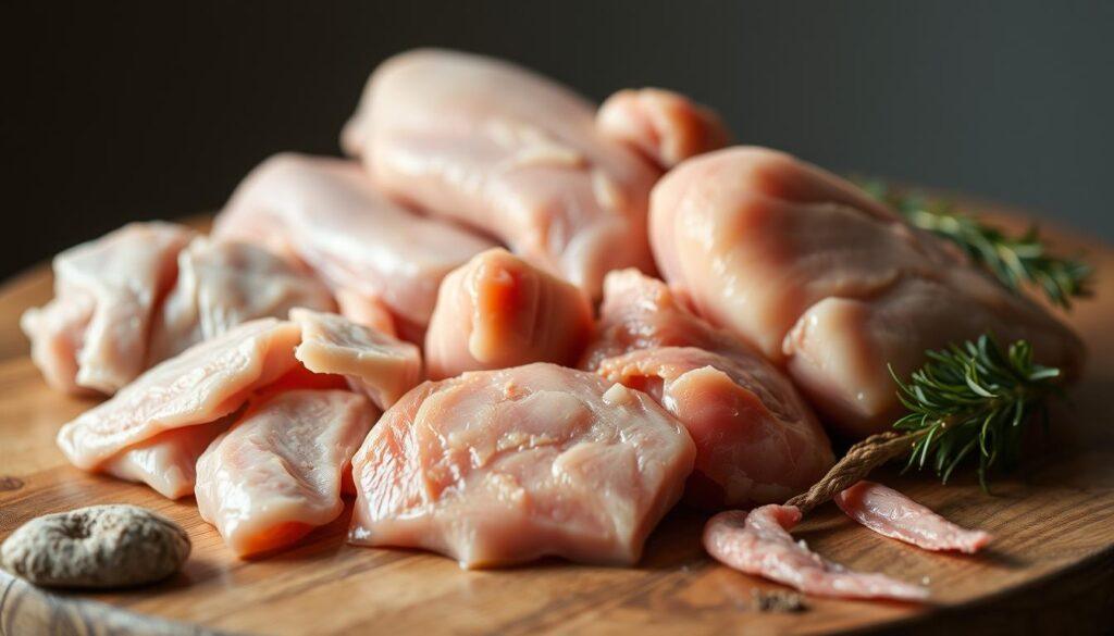 A high-quality close-up photograph of raw chicken and other raw feline proteins, such as turkey or quail, artfully arranged on a natural wooden surface. The lighting is soft and diffused, creating a warm, inviting atmosphere. The arrangement features different cuts and textures of the meats, showcasing their natural colors and qualities. The background is slightly blurred, keeping the focus on the natural, unprocessed food. The overall composition is visually appealing and effectively conveys the concept of a raw, species-appropriate diet for cats. A high-quality close-up photograph of raw chicken and other raw feline proteins, such as turkey or quail, artfully arranged on a natural wooden surface. The lighting is soft and diffused, creating a warm, inviting atmosphere. The arrangement features different cuts and textures of the meats, showcasing their natural colors and qualities. The background is slightly blurred, keeping the focus on the natural, unprocessed food. The overall composition is visually appealing and effectively conveys the concept of a raw, species-appropriate diet for cats.