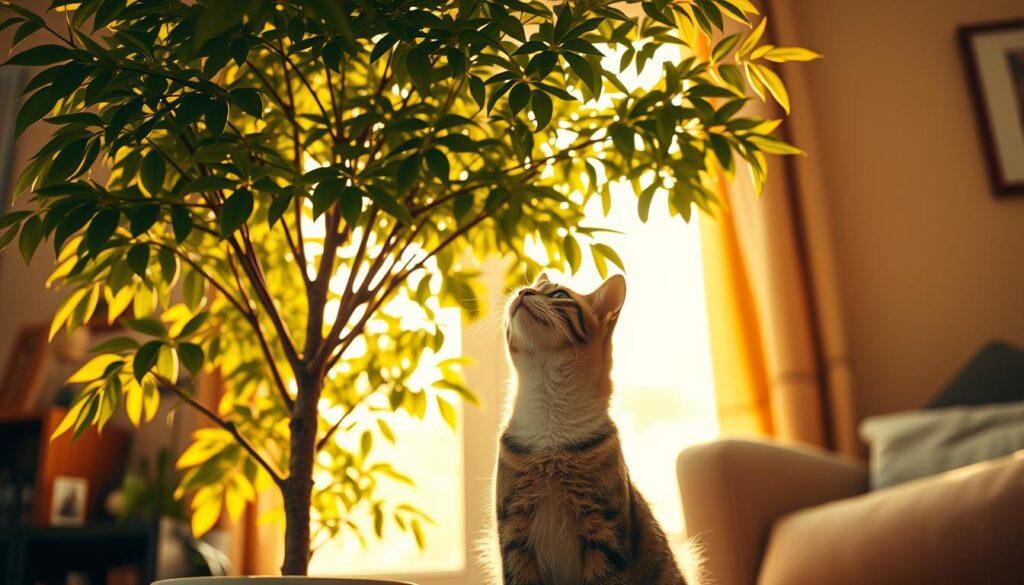 A lush, verdant money tree stands tall, its shimmering golden leaves catching the warm, golden light filtering through a window. In the foreground, a curious feline peers up at the plant, its head tilted inquisitively. The room is bathed in a cozy, inviting atmosphere, hinting at the potential dangers the money tree may pose to the playful cat. The image conveys a sense of cautious exploration, inviting the viewer to consider the safety implications of having a money tree in a home with cats. The composition is balanced, with the money tree and cat occupying the central focus, while the background provides a harmonious, domestic setting. A lush, verdant money tree stands tall, its shimmering golden leaves catching the warm, golden light filtering through a window. In the foreground, a curious feline peers up at the plant, its head tilted inquisitively. The room is bathed in a cozy, inviting atmosphere, hinting at the potential dangers the money tree may pose to the playful cat. The image conveys a sense of cautious exploration, inviting the viewer to consider the safety implications of having a money tree in a home with cats. The composition is balanced, with the money tree and cat occupying the central focus, while the background provides a harmonious, domestic setting.