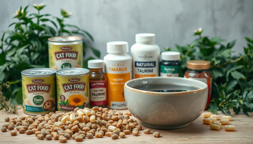 A meticulously detailed still life composition showcasing the essential nutritional components for feline health. In the foreground, an array of premium cat food cans, kibble, and a ceramic bowl brimming with fresh water. In the middle ground, an assortment of natural supplements like fish oil capsules, taurine, and vitamin E tablets. The background features lush greenery, such as catnip plants and leafy herbs, complementing the organic and wholesome theme. The lighting is soft and natural, accentuating the muted tones and textures of the scene. The camera angle is slightly elevated, allowing the viewer to appreciate the carefully curated arrangement. This image aims to visually communicate the comprehensive dietary needs of our feline companions. A meticulously detailed still life composition showcasing the essential nutritional components for feline health. In the foreground, an array of premium cat food cans, kibble, and a ceramic bowl brimming with fresh water. In the middle ground, an assortment of natural supplements like fish oil capsules, taurine, and vitamin E tablets. The background features lush greenery, such as catnip plants and leafy herbs, complementing the organic and wholesome theme. The lighting is soft and natural, accentuating the muted tones and textures of the scene. The camera angle is slightly elevated, allowing the viewer to appreciate the carefully curated arrangement. This image aims to visually communicate the comprehensive dietary needs of our feline companions.
