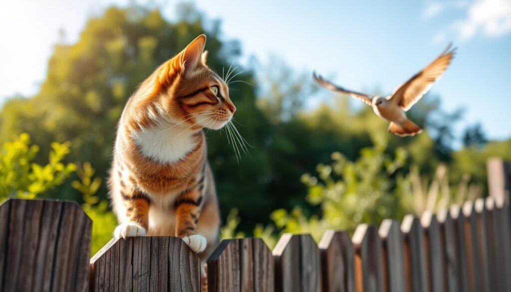 A sun-dappled outdoor scene with a sleek, well-groomed tabby cat perched on a weathered wooden fence, intently watching a bird in flight. The cat's expression is alert and focused, its body language suggesting a natural hunter's instinct. In the background, lush greenery and a clear blue sky create a peaceful, serene atmosphere. The lighting is soft and diffused, lending a warm, golden glow to the cat's fur. The image captures the essence of an outdoor cat's nutritional needs - a balance of natural prey, a healthy environment, and the instinctive behaviors that define their existence. A sun-dappled outdoor scene with a sleek, well-groomed tabby cat perched on a weathered wooden fence, intently watching a bird in flight. The cat's expression is alert and focused, its body language suggesting a natural hunter's instinct. In the background, lush greenery and a clear blue sky create a peaceful, serene atmosphere. The lighting is soft and diffused, lending a warm, golden glow to the cat's fur. The image captures the essence of an outdoor cat's nutritional needs - a balance of natural prey, a healthy environment, and the instinctive behaviors that define their existence.