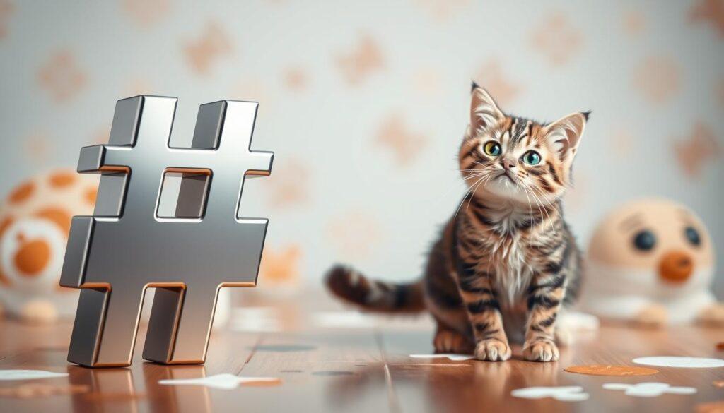 A visually striking digital illustration showcasing a "custom hashtag strategy" for optimizing social media cat content. The foreground features a meticulously crafted, three-dimensional hashtag symbol in an elegant, modern typeface, with a sleek, glossy finish that reflects the surrounding environment. The middle ground depicts a dynamic, action-oriented scene of a mischievous cat playfully interacting with the hashtag, emphasizing the interactive and engaging nature of the content. The background is a softly blurred, pastel-hued world of feline-inspired patterns and textures, creating a soothing, nature-inspired atmosphere. The overall composition is balanced, with a focus on simplicity and visual impact, conveying the idea of an effective, well-thought-out hashtag strategy for cat-related social media content. A visually striking digital illustration showcasing a "custom hashtag strategy" for optimizing social media cat content. The foreground features a meticulously crafted, three-dimensional hashtag symbol in an elegant, modern typeface, with a sleek, glossy finish that reflects the surrounding environment. The middle ground depicts a dynamic, action-oriented scene of a mischievous cat playfully interacting with the hashtag, emphasizing the interactive and engaging nature of the content. The background is a softly blurred, pastel-hued world of feline-inspired patterns and textures, creating a soothing, nature-inspired atmosphere. The overall composition is balanced, with a focus on simplicity and visual impact, conveying the idea of an effective, well-thought-out hashtag strategy for cat-related social media content.