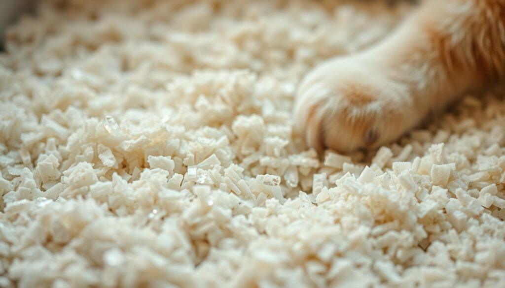 Detailed close-up of freshly poured cat litter, with moisture control crystals clearly visible. The litter fills the frame, with a soft, warm lighting creating a soothing, inviting atmosphere. The texture and granule structure are finely rendered, highlighting the litter's ability to absorb and control humidity. A shallow depth of field ensures the litter is the central focus, conveying its importance in maintaining feline urinary health. Photographed from a slightly elevated angle to emphasize the litter's depth and absorbency. Detailed close-up of freshly poured cat litter, with moisture control crystals clearly visible. The litter fills the frame, with a soft, warm lighting creating a soothing, inviting atmosphere. The texture and granule structure are finely rendered, highlighting the litter's ability to absorb and control humidity. A shallow depth of field ensures the litter is the central focus, conveying its importance in maintaining feline urinary health. Photographed from a slightly elevated angle to emphasize the litter's depth and absorbency.
