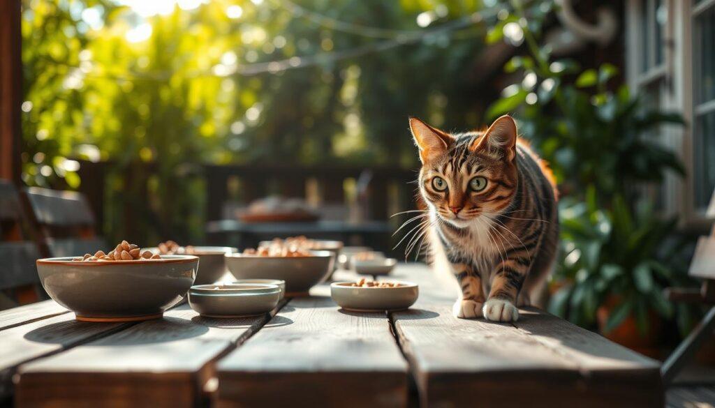 Outdoor feline feeding schedule: a cozy patio scene with a rustic wooden table, meticulously set with ceramic bowls filled with high-quality cat food. Sunlight filters through lush greenery, casting a warm, natural glow. In the foreground, a curious tabby cat approaches the table, its eyes bright with anticipation. The composition emphasizes the harmony between the domestic and the natural, inviting the viewer to imagine the daily ritual of caring for an outdoor cat. Captured with a shallow depth of field, the image conveys a sense of intimacy and attention to detail. Outdoor feline feeding schedule: a cozy patio scene with a rustic wooden table, meticulously set with ceramic bowls filled with high-quality cat food. Sunlight filters through lush greenery, casting a warm, natural glow. In the foreground, a curious tabby cat approaches the table, its eyes bright with anticipation. The composition emphasizes the harmony between the domestic and the natural, inviting the viewer to imagine the daily ritual of caring for an outdoor cat. Captured with a shallow depth of field, the image conveys a sense of intimacy and attention to detail.