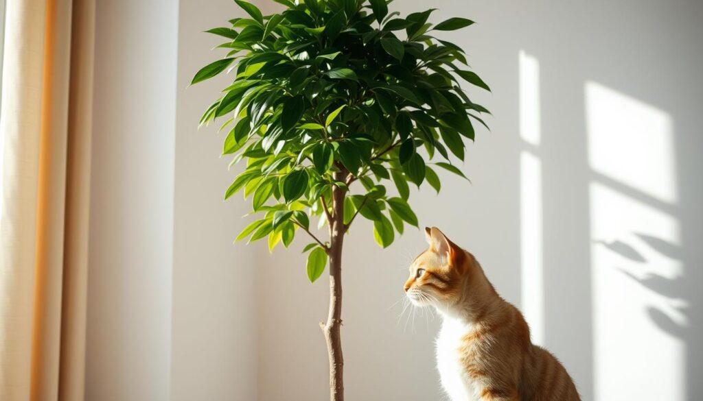 Pachira aquatica, a lush and verdant money tree, stands tall in a sun-dappled room. A curious feline, its fur gleaming, peers intently at the plant's vibrant foliage, its head cocked inquisitively. Soft, diffused lighting casts gentle shadows, creating an air of quiet contemplation. The composition is balanced, with the money tree and feline occupying the central focus, surrounded by a minimalist, elegant background that allows the subjects to shine. The scene exudes a sense of tranquility and subtle interaction, inviting the viewer to observe the delicate relationship between this household plant and its feline companion. Pachira aquatica, a lush and verdant money tree, stands tall in a sun-dappled room. A curious feline, its fur gleaming, peers intently at the plant's vibrant foliage, its head cocked inquisitively. Soft, diffused lighting casts gentle shadows, creating an air of quiet contemplation. The composition is balanced, with the money tree and feline occupying the central focus, surrounded by a minimalist, elegant background that allows the subjects to shine. The scene exudes a sense of tranquility and subtle interaction, inviting the viewer to observe the delicate relationship between this household plant and its feline companion.