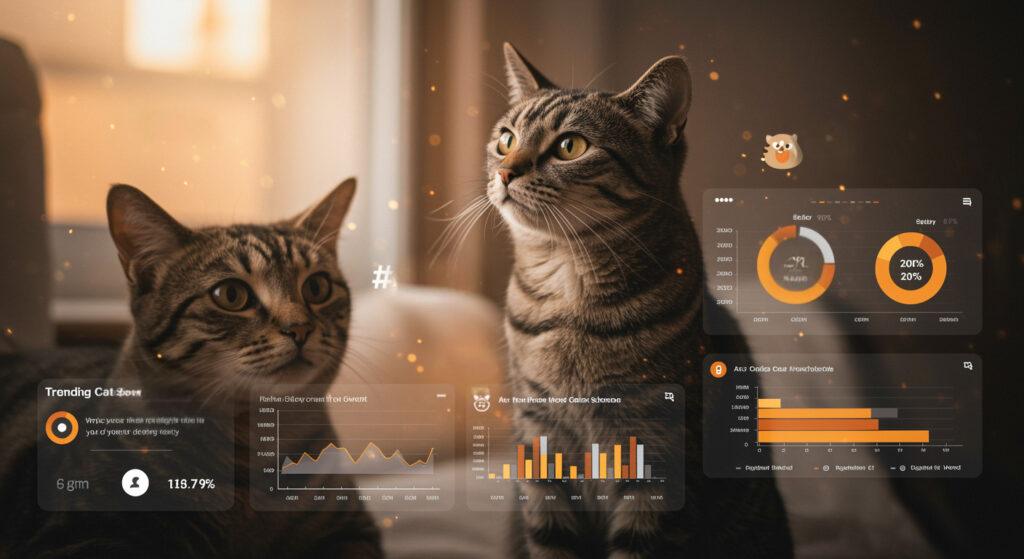 Two tabby cats sit indoors, looking alert. The warm-toned image has sparkles and digital overlays showing fictional cat-related data like trends, charts, and graphs. Two tabby cats sit indoors, looking alert. The warm-toned image has sparkles and digital overlays showing fictional cat-related data like trends, charts, and graphs.
