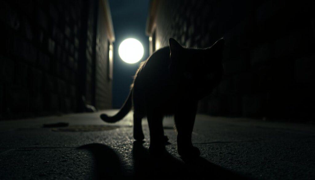 A black cat prowls through a dimly lit alley, its eyes glowing with an eerie intensity. The feline's silhouette casts long shadows, evoking a sense of mystery and superstition. In the background, a full moon illuminates the scene, casting an ethereal glow and heightening the atmosphere of the occult. The cat's poise and grace suggest a creature of power and intrigue, embodying the age-old beliefs surrounding black cats and their connection to the supernatural. Captured with a wide-angle lens and dramatic lighting, this image captures the essence of the "cat crossing from right to left" phenomenon, hinting at the deeper, unseen forces at play. A black cat prowls through a dimly lit alley, its eyes glowing with an eerie intensity. The feline's silhouette casts long shadows, evoking a sense of mystery and superstition. In the background, a full moon illuminates the scene, casting an ethereal glow and heightening the atmosphere of the occult. The cat's poise and grace suggest a creature of power and intrigue, embodying the age-old beliefs surrounding black cats and their connection to the supernatural. Captured with a wide-angle lens and dramatic lighting, this image captures the essence of the "cat crossing from right to left" phenomenon, hinting at the deeper, unseen forces at play.