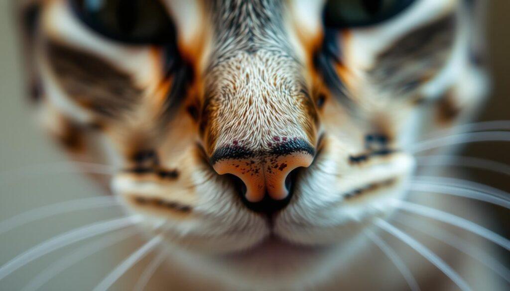 A close-up image of a feline nose, capturing the intricate pigmentation patterns and textures. The nose is prominently featured, occupying the center of the frame, with a soft, natural lighting that highlights the delicate skin tones and the unique mottled or blotchy markings. The nose is presented against a subtly blurred, neutral background, allowing the viewer to focus on the captivating details of this distinct feline feature. The image conveys a sense of quiet contemplation and the beauty found in the nuanced characteristics of a cat's nose. A close-up image of a feline nose, capturing the intricate pigmentation patterns and textures. The nose is prominently featured, occupying the center of the frame, with a soft, natural lighting that highlights the delicate skin tones and the unique mottled or blotchy markings. The nose is presented against a subtly blurred, neutral background, allowing the viewer to focus on the captivating details of this distinct feline feature. The image conveys a sense of quiet contemplation and the beauty found in the nuanced characteristics of a cat's nose.