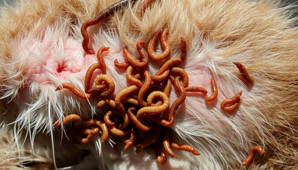 A close-up view of a cat's skin, revealing a horrifying infestation of wriggling worms. The feline's fur appears matted and dull, while the skin is inflamed and irritated. The worms, in various stages of growth, burrow through the layers of the skin, causing the cat visible distress. The lighting is stark and unforgiving, casting harsh shadows that emphasize the severity of the infestation. The camera angle is intentionally tight, forcing the viewer to confront the unsettling details of the parasitic affliction. The overall mood is one of discomfort and concern, highlighting the urgent need for veterinary intervention to address this common, yet troubling, health issue in cats. A close-up view of a cat's skin, revealing a horrifying infestation of wriggling worms. The feline's fur appears matted and dull, while the skin is inflamed and irritated. The worms, in various stages of growth, burrow through the layers of the skin, causing the cat visible distress. The lighting is stark and unforgiving, casting harsh shadows that emphasize the severity of the infestation. The camera angle is intentionally tight, forcing the viewer to confront the unsettling details of the parasitic affliction. The overall mood is one of discomfort and concern, highlighting the urgent need for veterinary intervention to address this common, yet troubling, health issue in cats.