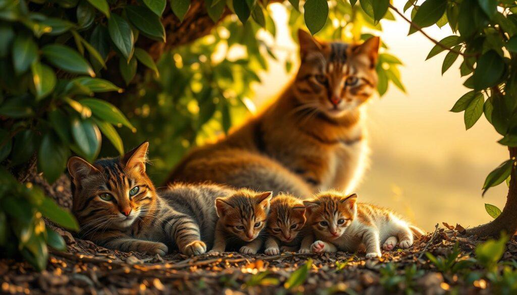 A cozy den nestled in lush greenery, soft golden light filtering through the leaves. In the foreground, a tabby cat lounges protectively, her gaze fixed on her three kittens as they playfully tumble and explore. The kittens' tiny paws and tails dart about, their expressions filled with curiosity and wonder. The father cat, a muscular tom with a regal bearing, observes from the middle ground, his eyes reflecting a blend of affection and watchfulness. The background is a hazy, dreamlike landscape, hinting at the tranquil, familial atmosphere of this feline haven. A cozy den nestled in lush greenery, soft golden light filtering through the leaves. In the foreground, a tabby cat lounges protectively, her gaze fixed on her three kittens as they playfully tumble and explore. The kittens' tiny paws and tails dart about, their expressions filled with curiosity and wonder. The father cat, a muscular tom with a regal bearing, observes from the middle ground, his eyes reflecting a blend of affection and watchfulness. The background is a hazy, dreamlike landscape, hinting at the tranquil, familial atmosphere of this feline haven.