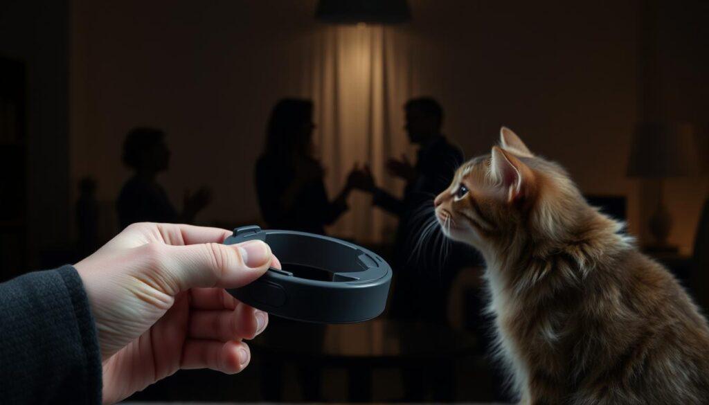 A debate between proponents and opponents of cat training collars, set against a thoughtful, contemplative backdrop. In the foreground, two hands hold a sleek, modern collar, examining it closely. In the middle ground, silhouettes of people engaged in animated discussion, gesturing with concern. The background depicts a dimly lit room, with shadows and subtle lighting creating an atmosphere of earnest deliberation. The scene conveys the complex ethical considerations surrounding the use of such devices, inviting the viewer to ponder the nuances of this controversial topic. A debate between proponents and opponents of cat training collars, set against a thoughtful, contemplative backdrop. In the foreground, two hands hold a sleek, modern collar, examining it closely. In the middle ground, silhouettes of people engaged in animated discussion, gesturing with concern. The background depicts a dimly lit room, with shadows and subtle lighting creating an atmosphere of earnest deliberation. The scene conveys the complex ethical considerations surrounding the use of such devices, inviting the viewer to ponder the nuances of this controversial topic.