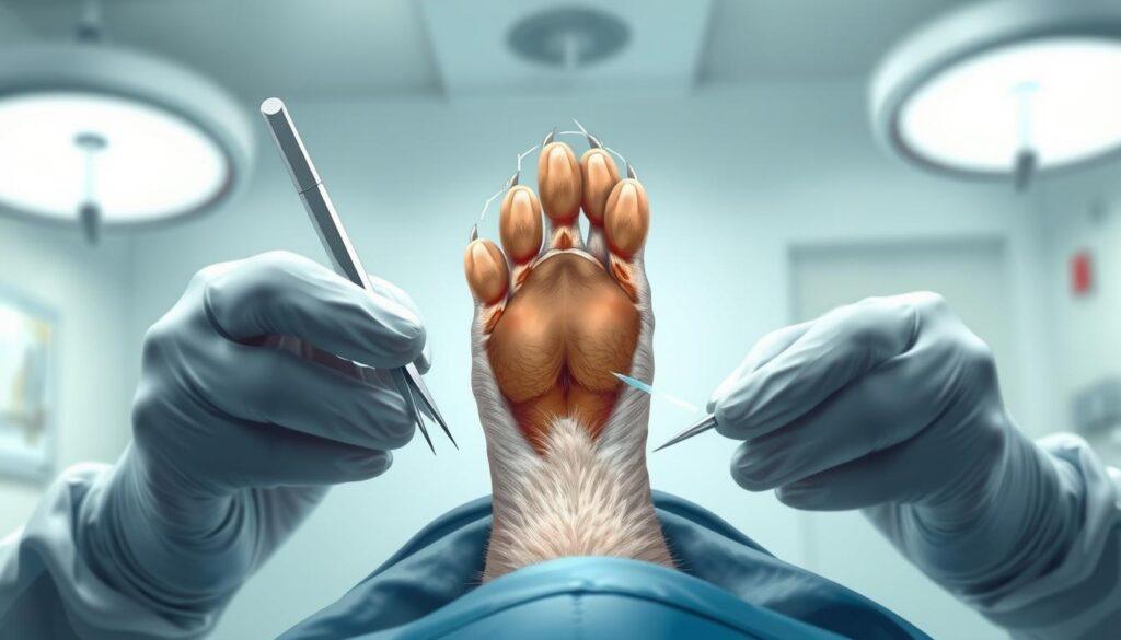 A detailed step-by-step illustration of the declawing procedure for cats. The foreground depicts a veterinarian's hands performing the delicate surgery, with surgical tools and precision movements. The middle ground shows the paw anatomy, highlighting the claw structure and how it is carefully removed. The background offers a clinical, sterile environment with bright lighting and a blurred medical setting, conveying the professionalism and care of the procedure. The overall mood is one of informative medical illustration, with a focus on technical accuracy and clarity to educate the viewer on the intricacies of this procedure. A detailed step-by-step illustration of the declawing procedure for cats. The foreground depicts a veterinarian's hands performing the delicate surgery, with surgical tools and precision movements. The middle ground shows the paw anatomy, highlighting the claw structure and how it is carefully removed. The background offers a clinical, sterile environment with bright lighting and a blurred medical setting, conveying the professionalism and care of the procedure. The overall mood is one of informative medical illustration, with a focus on technical accuracy and clarity to educate the viewer on the intricacies of this procedure.