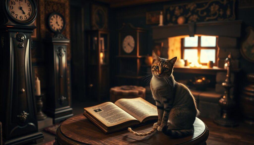 A dimly lit interior of a cozy German cottage, the warm glow of a fireplace casting long shadows. On a small wooden table, an old leather-bound book lies open, its pages revealing arcane cat superstitions. In the foreground, a tabby cat sits curiously, its head tilted as if studying the ancient knowledge. The scene is bathed in a soft, sepia-toned light, evoking a sense of timeless tradition and mystique. The walls are adorned with intricate tapestries and antique trinkets, hinting at the rich cultural heritage of the region. Subtle details, such as a ticking grandfather clock and a flickering candle, add to the atmospheric ambiance, transporting the viewer to a realm where the boundaries between the mundane and the supernatural blur. A dimly lit interior of a cozy German cottage, the warm glow of a fireplace casting long shadows. On a small wooden table, an old leather-bound book lies open, its pages revealing arcane cat superstitions. In the foreground, a tabby cat sits curiously, its head tilted as if studying the ancient knowledge. The scene is bathed in a soft, sepia-toned light, evoking a sense of timeless tradition and mystique. The walls are adorned with intricate tapestries and antique trinkets, hinting at the rich cultural heritage of the region. Subtle details, such as a ticking grandfather clock and a flickering candle, add to the atmospheric ambiance, transporting the viewer to a realm where the boundaries between the mundane and the supernatural blur.