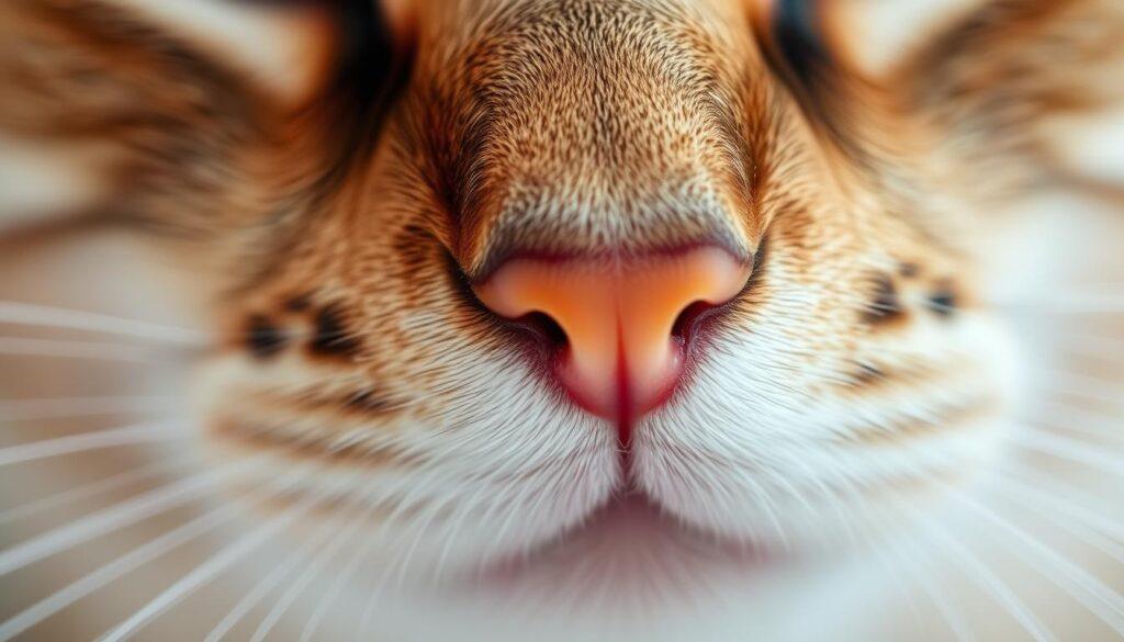 A high-resolution, detailed, and anatomically accurate close-up shot of a domestic cat's nose, showcasing its unique functionality. The nose is the central focus, filling the frame with a soft, natural lighting illuminating the intricate structures. The texture of the skin is clearly visible, highlighting the delicate, velvety pores and the subtle ridges of the nasal planum. The nostrils are prominently featured, highlighting their dynamic ability to flare and contract, essential for the cat's keen sense of smell. The overall composition emphasizes the importance and complexity of this often overlooked feline feature, inviting the viewer to appreciate the remarkable adaptations that enable cats' exceptional olfactory prowess. A high-resolution, detailed, and anatomically accurate close-up shot of a domestic cat's nose, showcasing its unique functionality. The nose is the central focus, filling the frame with a soft, natural lighting illuminating the intricate structures. The texture of the skin is clearly visible, highlighting the delicate, velvety pores and the subtle ridges of the nasal planum. The nostrils are prominently featured, highlighting their dynamic ability to flare and contract, essential for the cat's keen sense of smell. The overall composition emphasizes the importance and complexity of this often overlooked feline feature, inviting the viewer to appreciate the remarkable adaptations that enable cats' exceptional olfactory prowess.