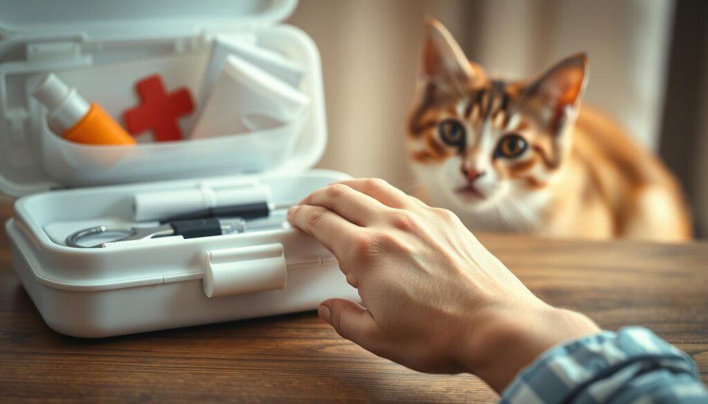 A pristine white medical kit sits on a wooden table, its contents neatly arranged. Beside it, a hand gently wraps a bandage around a reddened cat scratch, the skin slightly inflamed. In the background, a soft-focus image of a curious feline peeks out, its piercing eyes conveying a mix of innocence and mischief. Warm, natural lighting casts a soothing glow, emphasizing the care and attention required to properly treat a cat's minor injury. The scene evokes a sense of calm and reassurance, guiding the viewer through the immediate response to a cat scratch. A pristine white medical kit sits on a wooden table, its contents neatly arranged. Beside it, a hand gently wraps a bandage around a reddened cat scratch, the skin slightly inflamed. In the background, a soft-focus image of a curious feline peeks out, its piercing eyes conveying a mix of innocence and mischief. Warm, natural lighting casts a soothing glow, emphasizing the care and attention required to properly treat a cat's minor injury. The scene evokes a sense of calm and reassurance, guiding the viewer through the immediate response to a cat scratch.