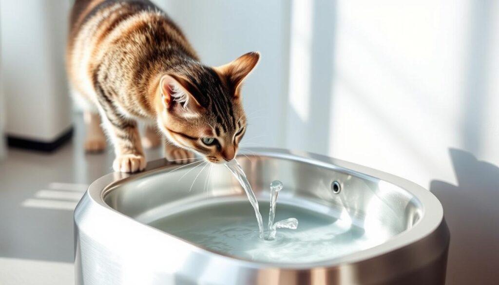 A sleek, modern battery-operated cat water fountain, its stainless steel exterior gleaming under soft, natural lighting. The fountain's gentle, cascading flow mesmerizes a curious feline, who leans in to take a refreshing sip from the cool, circulating water. The background features a serene, minimalist setting, complementing the fountain's streamlined design. Soft shadows and highlights accentuate the fountain's form, creating a sense of depth and dimension. The overall scene exudes a calming, inviting atmosphere, perfectly suited to illustrate the benefits of upgrading to a battery-operated cat water fountain. A sleek, modern battery-operated cat water fountain, its stainless steel exterior gleaming under soft, natural lighting. The fountain's gentle, cascading flow mesmerizes a curious feline, who leans in to take a refreshing sip from the cool, circulating water. The background features a serene, minimalist setting, complementing the fountain's streamlined design. Soft shadows and highlights accentuate the fountain's form, creating a sense of depth and dimension. The overall scene exudes a calming, inviting atmosphere, perfectly suited to illustrate the benefits of upgrading to a battery-operated cat water fountain.
