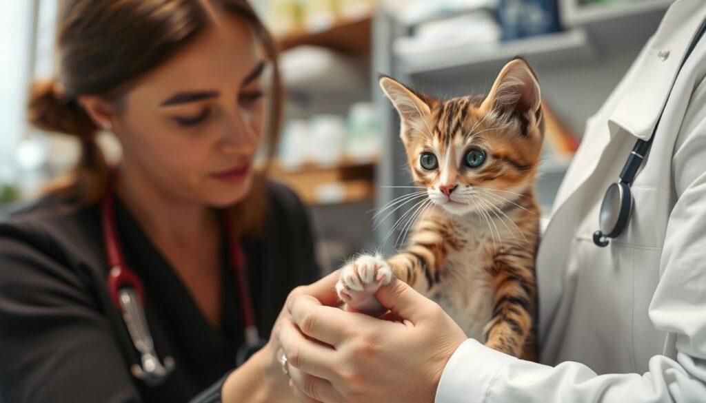 A thoughtful feline veterinarian examines a curious kitten, carefully considering its age and development. The scene is captured in a soft, diffused light, creating a serene and contemplative atmosphere. The veterinarian's hands gently examine the kitten's paws, assessing the ideal timing for the declawing procedure. In the background, medical equipment and shelves of supplies suggest a well-equipped examination room, while the kitten's expressive eyes convey a sense of trust and comfort. The overall composition highlights the importance of making a responsible, well-informed decision regarding this delicate procedure. A thoughtful feline veterinarian examines a curious kitten, carefully considering its age and development. The scene is captured in a soft, diffused light, creating a serene and contemplative atmosphere. The veterinarian's hands gently examine the kitten's paws, assessing the ideal timing for the declawing procedure. In the background, medical equipment and shelves of supplies suggest a well-equipped examination room, while the kitten's expressive eyes convey a sense of trust and comfort. The overall composition highlights the importance of making a responsible, well-informed decision regarding this delicate procedure.