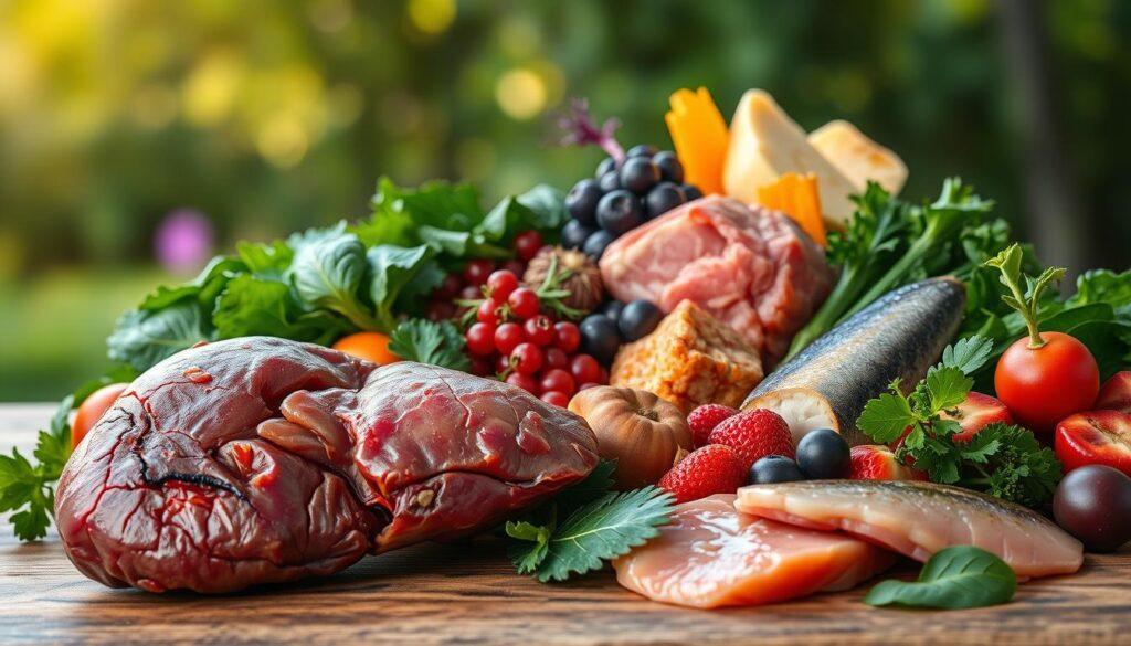 A vibrant, high-resolution image of a cat's liver surrounded by a variety of healthy, whole-food ingredients. The liver is shown in the foreground, with its intricate textures and warm, earthy tones. In the middle ground, arrange an assortment of colorful, nutrient-dense foods such as leafy greens, berries, lean meats, and fish. Depict these items in a natural, artful composition, with soft lighting from the side to create depth and shadows. In the background, a blurred, natural setting like a lush forest or meadow, conveying a sense of vitality and well-being. The overall mood should be one of nourishment, balance, and the importance of proper feline liver health through holistic nutrition. A vibrant, high-resolution image of a cat's liver surrounded by a variety of healthy, whole-food ingredients. The liver is shown in the foreground, with its intricate textures and warm, earthy tones. In the middle ground, arrange an assortment of colorful, nutrient-dense foods such as leafy greens, berries, lean meats, and fish. Depict these items in a natural, artful composition, with soft lighting from the side to create depth and shadows. In the background, a blurred, natural setting like a lush forest or meadow, conveying a sense of vitality and well-being. The overall mood should be one of nourishment, balance, and the importance of proper feline liver health through holistic nutrition.
