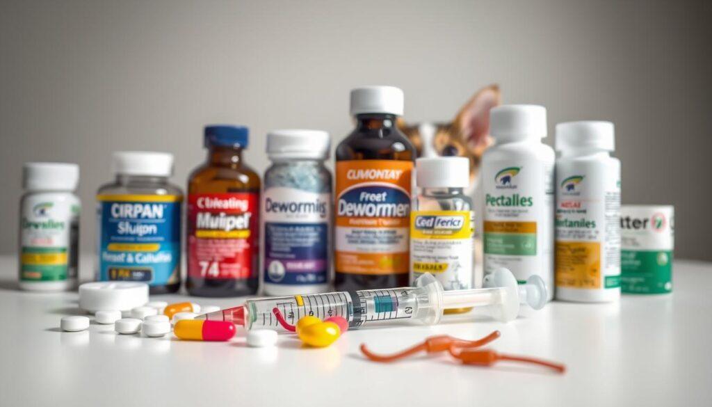 A well-lit, close-up photograph showcasing various pet deworming methods. In the foreground, a collection of common deworming tablets, capsules, and liquid solutions neatly arranged on a clean, white surface. The middle ground features a veterinary-style syringe and applicator tools used for administering dewormers. In the background, a blurred image of a curious cat or dog, hinting at the intended recipients of these treatments. The lighting is soft and diffused, creating a professional, educational atmosphere suitable for an informative article on pet dewormers. A well-lit, close-up photograph showcasing various pet deworming methods. In the foreground, a collection of common deworming tablets, capsules, and liquid solutions neatly arranged on a clean, white surface. The middle ground features a veterinary-style syringe and applicator tools used for administering dewormers. In the background, a blurred image of a curious cat or dog, hinting at the intended recipients of these treatments. The lighting is soft and diffused, creating a professional, educational atmosphere suitable for an informative article on pet dewormers.