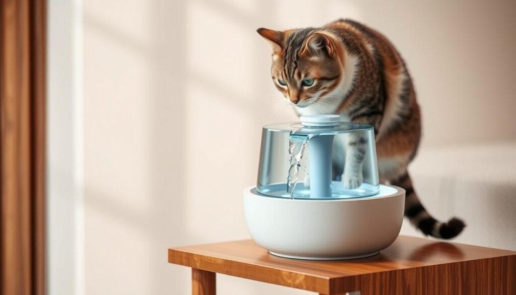 An advanced automatic cat water fountain, with a sleek and modern design. The fountain features a clear acrylic basin, allowing the cat to see the flowing water. A powerful yet quiet pump circulates the water, creating a soothing, gentle stream. The base houses the battery-powered mechanism, discreetly integrated for a clean, minimalist aesthetic. Subtle LED lights illuminate the water, creating a calming, ambient glow. The fountain is placed on a polished wooden platform, elevated to the perfect height for the cat's comfort. Soft, diffused lighting from above casts a warm, inviting atmosphere, as the cat approaches the fountain curiously, drawn by the enticing sound of the flowing water. An advanced automatic cat water fountain, with a sleek and modern design. The fountain features a clear acrylic basin, allowing the cat to see the flowing water. A powerful yet quiet pump circulates the water, creating a soothing, gentle stream. The base houses the battery-powered mechanism, discreetly integrated for a clean, minimalist aesthetic. Subtle LED lights illuminate the water, creating a calming, ambient glow. The fountain is placed on a polished wooden platform, elevated to the perfect height for the cat's comfort. Soft, diffused lighting from above casts a warm, inviting atmosphere, as the cat approaches the fountain curiously, drawn by the enticing sound of the flowing water.