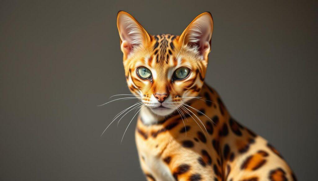 Bengal cat history and appearance, close-up portrait in natural light. Striking vibrant coat of golden-orange rosettes and black spots, sharp facial features with piercing green eyes. Regal, muscular feline form in a composed, alert pose. Detailed fur texture and markings, dramatic lighting from the side to accentuate the cat's defined musculature and athletic build. Neutral background with minimal distractions, showcasing the Bengal's distinctive appearance. Crisp, high-resolution image captured with a professional camera lens. Bengal cat history and appearance, close-up portrait in natural light. Striking vibrant coat of golden-orange rosettes and black spots, sharp facial features with piercing green eyes. Regal, muscular feline form in a composed, alert pose. Detailed fur texture and markings, dramatic lighting from the side to accentuate the cat's defined musculature and athletic build. Neutral background with minimal distractions, showcasing the Bengal's distinctive appearance. Crisp, high-resolution image captured with a professional camera lens.