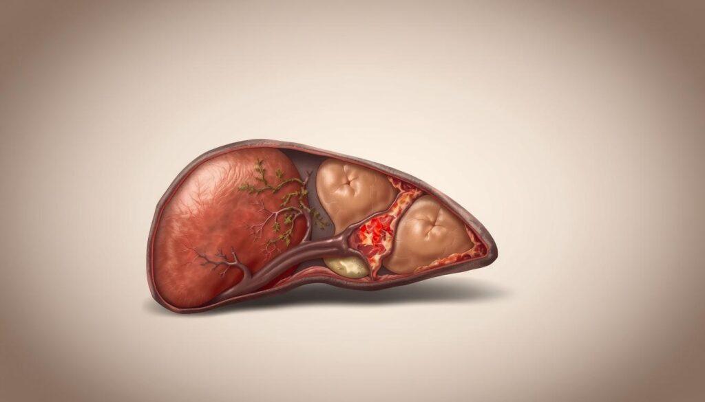 a detailed digital illustration of the internal anatomy of a domestic cat's liver, showing the characteristic signs of liver disease such as inflammation, cirrhosis, or necrosis. the liver is depicted in high detail, with a sliced cross-section view to reveal the internal structures. the background is a soft, neutral hue, allowing the liver to be the central focus. the lighting is directional, creating subtle shadows and highlights to convey the three-dimensional nature of the organ. the overall mood is clinical and educational, as if viewed through a medical textbook or research paper. a detailed digital illustration of the internal anatomy of a domestic cat's liver, showing the characteristic signs of liver disease such as inflammation, cirrhosis, or necrosis. the liver is depicted in high detail, with a sliced cross-section view to reveal the internal structures. the background is a soft, neutral hue, allowing the liver to be the central focus. the lighting is directional, creating subtle shadows and highlights to convey the three-dimensional nature of the organ. the overall mood is clinical and educational, as if viewed through a medical textbook or research paper.