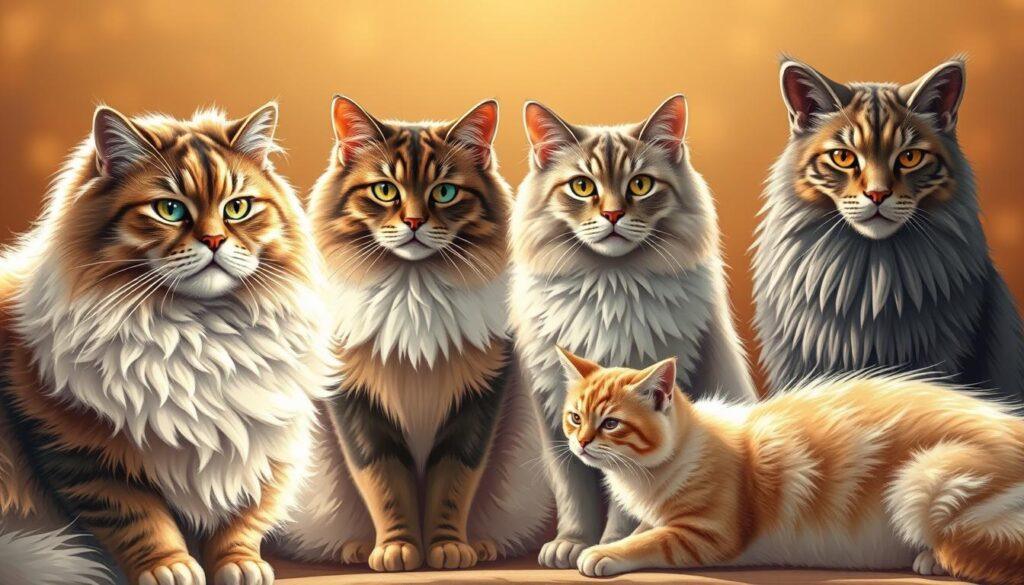A captivating overview of the longest-lived feline breeds, showcased in a meticulously detailed illustration. In the foreground, a regal Maine Coon, its luxurious coat shimmering under soft, natural lighting. Beside it, a serene Siberian cat, its piercing gaze conveying the wisdom of its years. In the middle ground, a graceful Ragdoll, its plush fur beckoning to be stroked. In the background, a majestic Norwegian Forest Cat, its muscular frame a testament to its hardy nature. The composition is framed by a warm, golden-hued atmosphere, creating a sense of timeless tranquility, reflecting the enduring spirit of these remarkable cat breeds. A captivating overview of the longest-lived feline breeds, showcased in a meticulously detailed illustration. In the foreground, a regal Maine Coon, its luxurious coat shimmering under soft, natural lighting. Beside it, a serene Siberian cat, its piercing gaze conveying the wisdom of its years. In the middle ground, a graceful Ragdoll, its plush fur beckoning to be stroked. In the background, a majestic Norwegian Forest Cat, its muscular frame a testament to its hardy nature. The composition is framed by a warm, golden-hued atmosphere, creating a sense of timeless tranquility, reflecting the enduring spirit of these remarkable cat breeds.