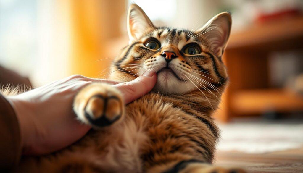 A close-up photograph of a human hand tenderly tickling a domestic tabby cat's belly, capturing the feline's surprised yet delighted expression. The cat's eyes are wide open, its paws raised in a playful gesture, as the fingers lightly dance across its soft, fluffy fur. The scene is lit by warm, diffused natural light, creating a cozy, intimate atmosphere. The background is pleasantly blurred, placing the focus solely on the heartwarming human-animal interaction. The overall mood conveys a sense of playful connection and understanding between the cat and its caregiver. A close-up photograph of a human hand tenderly tickling a domestic tabby cat's belly, capturing the feline's surprised yet delighted expression. The cat's eyes are wide open, its paws raised in a playful gesture, as the fingers lightly dance across its soft, fluffy fur. The scene is lit by warm, diffused natural light, creating a cozy, intimate atmosphere. The background is pleasantly blurred, placing the focus solely on the heartwarming human-animal interaction. The overall mood conveys a sense of playful connection and understanding between the cat and its caregiver.