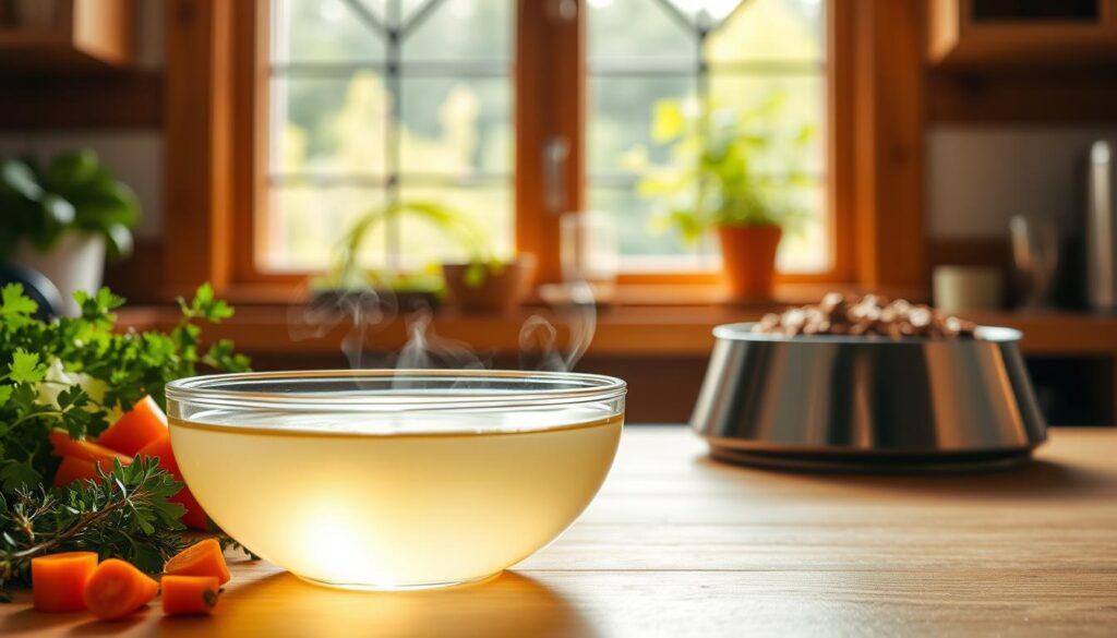 A cozy kitchen interior with warm, natural lighting. In the foreground, a shallow glass bowl filled with clear chicken broth, steam rising from the surface. Surrounding the bowl, an arrangement of fresh herbs, such as parsley and thyme, as well as sliced carrots and celery. In the middle ground, a sleek, silver cat bowl filled with dry cat food, complemented by a water dish. In the background, a window overlooking a lush, verdant garden, providing a soothing, tranquil atmosphere. The overall scene conveys the nutritional benefits and hydration that chicken broth can provide for a cat's well-being. A cozy kitchen interior with warm, natural lighting. In the foreground, a shallow glass bowl filled with clear chicken broth, steam rising from the surface. Surrounding the bowl, an arrangement of fresh herbs, such as parsley and thyme, as well as sliced carrots and celery. In the middle ground, a sleek, silver cat bowl filled with dry cat food, complemented by a water dish. In the background, a window overlooking a lush, verdant garden, providing a soothing, tranquil atmosphere. The overall scene conveys the nutritional benefits and hydration that chicken broth can provide for a cat's well-being.