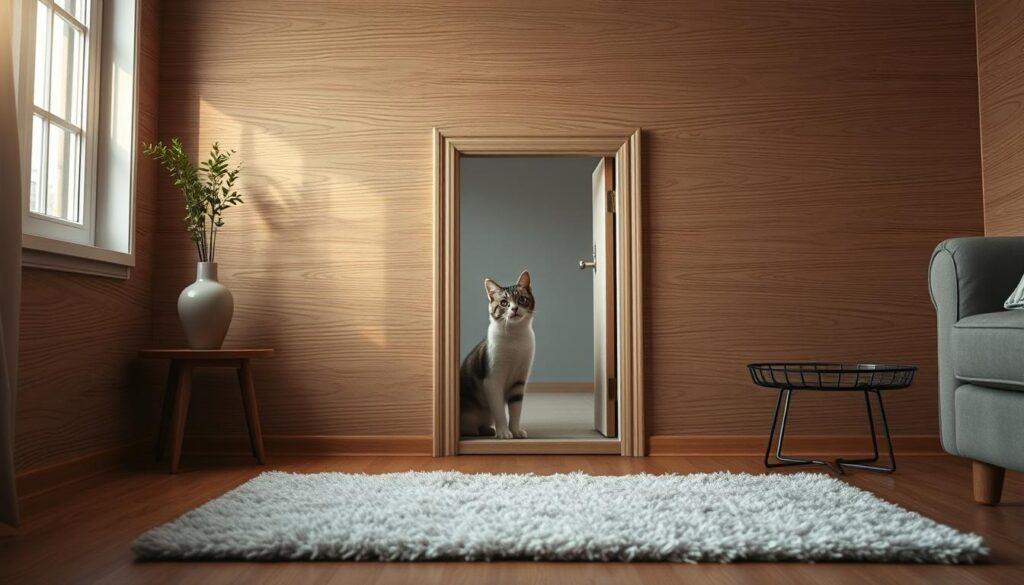 A cozy living room interior with a cat-sized door set into the wall. The door is slightly ajar, revealing a curious feline paw reaching out from the other side. Soft, diffused lighting filters through a nearby window, casting a warm, inviting glow. The surrounding wall is textured with wood paneling, adding a rustic, homely atmosphere. On the floor, a plush area rug anchors the scene, hinting at the cat's comfortable domain. The composition draws the viewer's eye to the door, emphasizing the cat's instinctive drive to explore and interact with its environment. A cozy living room interior with a cat-sized door set into the wall. The door is slightly ajar, revealing a curious feline paw reaching out from the other side. Soft, diffused lighting filters through a nearby window, casting a warm, inviting glow. The surrounding wall is textured with wood paneling, adding a rustic, homely atmosphere. On the floor, a plush area rug anchors the scene, hinting at the cat's comfortable domain. The composition draws the viewer's eye to the door, emphasizing the cat's instinctive drive to explore and interact with its environment.