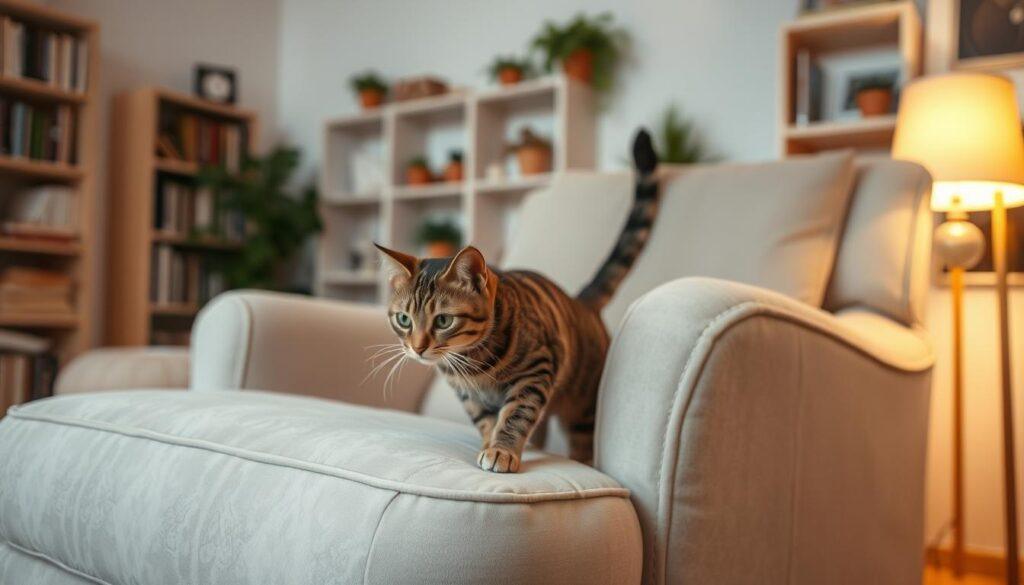 A cozy living room setting, with a large, plush armchair in the foreground. A newly adopted tabby cat cautiously explores the space, sniffing the air and testing the unfamiliar textures. The cat's body language exudes a mix of curiosity and apprehension, its tail twitching gently. Soft, warm lighting from a floor lamp in the corner casts a comforting glow, while the background is filled with bookshelves, potted plants, and other homely details that create a welcoming atmosphere. The scene captures the delicate balance of a cat's adjustment to a new environment, inviting the viewer to empathize with the feline's experience. A cozy living room setting, with a large, plush armchair in the foreground. A newly adopted tabby cat cautiously explores the space, sniffing the air and testing the unfamiliar textures. The cat's body language exudes a mix of curiosity and apprehension, its tail twitching gently. Soft, warm lighting from a floor lamp in the corner casts a comforting glow, while the background is filled with bookshelves, potted plants, and other homely details that create a welcoming atmosphere. The scene captures the delicate balance of a cat's adjustment to a new environment, inviting the viewer to empathize with the feline's experience.