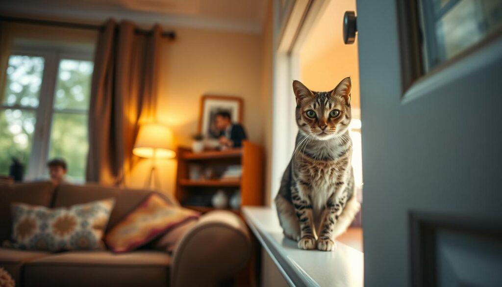 A cozy living room with a cat sitting on the windowsill, its eyes darting anxiously as it observes the outdoor activities. The room is bathed in warm, soft lighting, creating a sense of comfort and security, yet the cat's restless behavior suggests an underlying tension. In the foreground, an open doorway leads to a dimly lit hallway, hinting at the source of the cat's distress. The scene is captured through a medium focal length lens, drawing the viewer's attention to the cat's expressive features and the subtle details that reveal the unique reasons behind its anxiety and door-opening behavior. A cozy living room with a cat sitting on the windowsill, its eyes darting anxiously as it observes the outdoor activities. The room is bathed in warm, soft lighting, creating a sense of comfort and security, yet the cat's restless behavior suggests an underlying tension. In the foreground, an open doorway leads to a dimly lit hallway, hinting at the source of the cat's distress. The scene is captured through a medium focal length lens, drawing the viewer's attention to the cat's expressive features and the subtle details that reveal the unique reasons behind its anxiety and door-opening behavior.