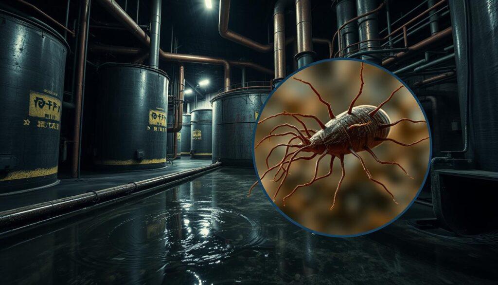 A dark, foreboding sewage treatment plant, its rusted pipes and tanks casting ominous shadows. In the foreground, a magnified view of Toxoplasma gondii, the parasitic protozoan transmitted through cat feces, its microscopic tendrils reaching out against a backdrop of murky, contaminated water. The scene is lit by a harsh, industrial lighting, creating a sense of unease and the ever-present threat of disease. The camera angle is low, emphasizing the towering, labyrinthine infrastructure, and the viewer is left with a palpable sense of the unseen dangers lurking within the sewage system. A dark, foreboding sewage treatment plant, its rusted pipes and tanks casting ominous shadows. In the foreground, a magnified view of Toxoplasma gondii, the parasitic protozoan transmitted through cat feces, its microscopic tendrils reaching out against a backdrop of murky, contaminated water. The scene is lit by a harsh, industrial lighting, creating a sense of unease and the ever-present threat of disease. The camera angle is low, emphasizing the towering, labyrinthine infrastructure, and the viewer is left with a palpable sense of the unseen dangers lurking within the sewage system.