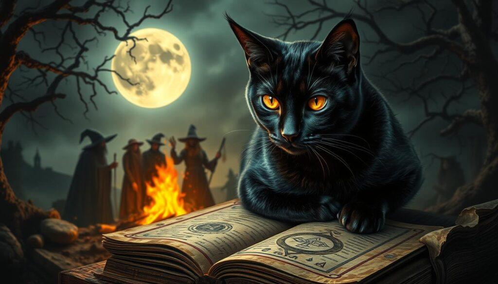 A dark, moody rendering of the mystical history and folklore surrounding black cats. In the foreground, a sleek, onyx-furred feline with piercing amber eyes sits atop a weathered tome, its pages revealing ancient arcane symbols. In the middle ground, shadowy silhouettes of witches and superstitious townsfolk gather around a bonfire, casting an eerie glow. The background depicts a moonlit night, with twisted branches and a full moon casting an ethereal, otherworldly light. The scene evokes a sense of the supernatural, the mysterious, and the timeless legends that have clung to these enigmatic creatures for centuries. A dark, moody rendering of the mystical history and folklore surrounding black cats. In the foreground, a sleek, onyx-furred feline with piercing amber eyes sits atop a weathered tome, its pages revealing ancient arcane symbols. In the middle ground, shadowy silhouettes of witches and superstitious townsfolk gather around a bonfire, casting an eerie glow. The background depicts a moonlit night, with twisted branches and a full moon casting an ethereal, otherworldly light. The scene evokes a sense of the supernatural, the mysterious, and the timeless legends that have clung to these enigmatic creatures for centuries.
