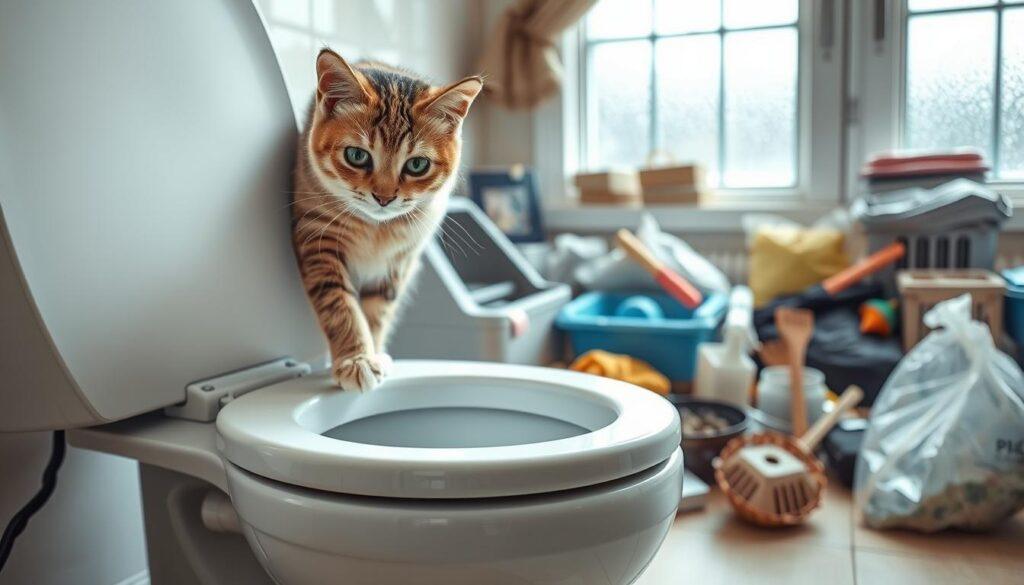 A detailed illustration of the myths surrounding flushing cat waste down the toilet. In the foreground, a curious cat peers over the edge of a pristine white toilet bowl, its paw extended as if contemplating the flush. In the middle ground, various household items like litter boxes, scoops, and waste bags are strewn about, suggesting the common misconceptions and challenges of disposing of cat waste. The background depicts a cozy bathroom setting, with soft lighting filtering through a frosted window, creating a serene atmosphere that contrasts with the central topic. The scene conveys a sense of inquiry and exploration, inviting the viewer to consider the realities and myths surrounding this common household task. A detailed illustration of the myths surrounding flushing cat waste down the toilet. In the foreground, a curious cat peers over the edge of a pristine white toilet bowl, its paw extended as if contemplating the flush. In the middle ground, various household items like litter boxes, scoops, and waste bags are strewn about, suggesting the common misconceptions and challenges of disposing of cat waste. The background depicts a cozy bathroom setting, with soft lighting filtering through a frosted window, creating a serene atmosphere that contrasts with the central topic. The scene conveys a sense of inquiry and exploration, inviting the viewer to consider the realities and myths surrounding this common household task.