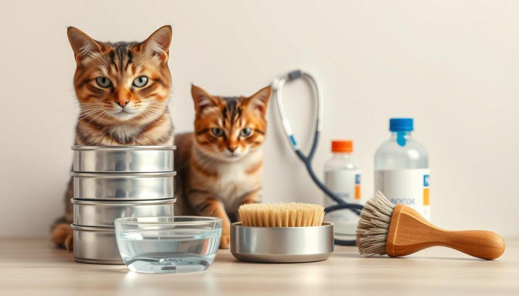 A detailed, photorealistic image of several feline health factors against a clean, minimalist background. In the foreground, a stack of cat food cans, a small bowl of water, and a brush for grooming. In the middle ground, a thermometer, a stethoscope, and a bottle of veterinary medication. In the background, a soft, neutral-toned wall with subtle texture. Lighting is natural and diffused, with a warm, inviting tone. The composition is balanced and draws the viewer's attention to the key elements that contribute to a cat's overall health and longevity. A detailed, photorealistic image of several feline health factors against a clean, minimalist background. In the foreground, a stack of cat food cans, a small bowl of water, and a brush for grooming. In the middle ground, a thermometer, a stethoscope, and a bottle of veterinary medication. In the background, a soft, neutral-toned wall with subtle texture. Lighting is natural and diffused, with a warm, inviting tone. The composition is balanced and draws the viewer's attention to the key elements that contribute to a cat's overall health and longevity.